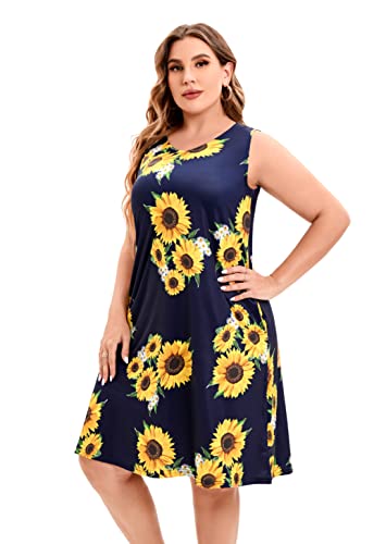 Plus Size Dress Women's Plus Size Sleeveless Flowy Mini Dress Casual Tunic Mini Plus Ssize Dress For Women（Navyf L） #TOP4