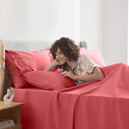 Image of Nestl Extra Deep Queen Sheet Set - 6 Piece Breathable & Cooling Sheets - Hotel Luxury Bedding Set w /18-24 Inch Deep Pockets - Easy & Secure Fit - Super Soft, Wrinkle Free & Comfy - Coral Pink