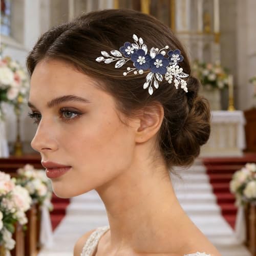 Pinzas para cabello florales azul oscuro para boda miniatura 3