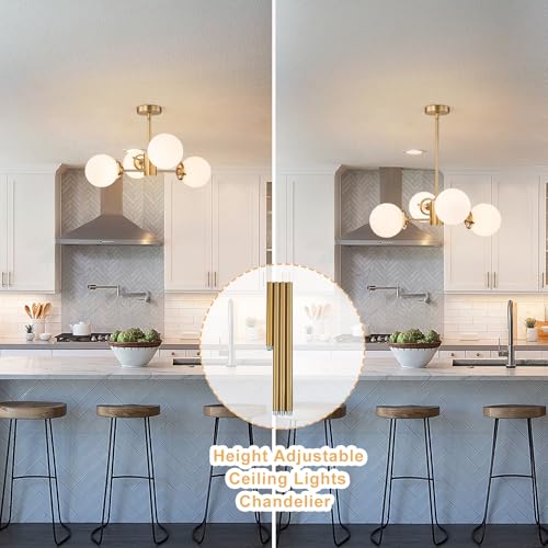 Image of Gold Sputnik Chandelier with Milk Glass Globes, 23.6 inch 4-Light Mid-Century Pendant Light for Dining Room, Living Room,Foyer, Entryway