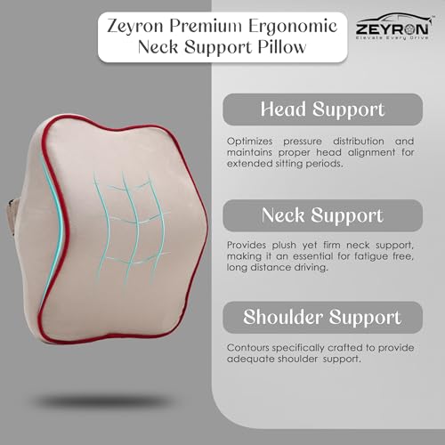 Image of Premium Car Neck Rest Pillow with 3-Year Warranty | Ergonomic Memory Foam Neck Pillow for Car | Exquisite Neck Rest with Elegant Packaging | Beige with Red Piping (Pack of 1)