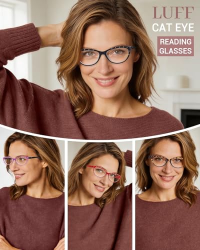 Image of LUFF Reading Glasses for Women Blue Light Blocking,4 Pairs 4 Color Elegant Computer Glasses With Bling Diamond,Cat Eye Design