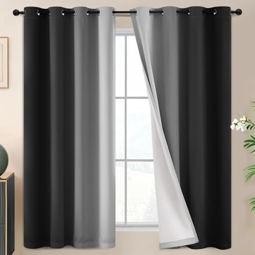 Image of SimpleHome Ombre Black 100% Blackout Bedroom Curtains with White Liner 63L | 63 Inches Long,Room Darkening Thermal Insulated Grommet Curtain for Living Room,Window Gradient Drapes,2 Panels Set,52Wx63L