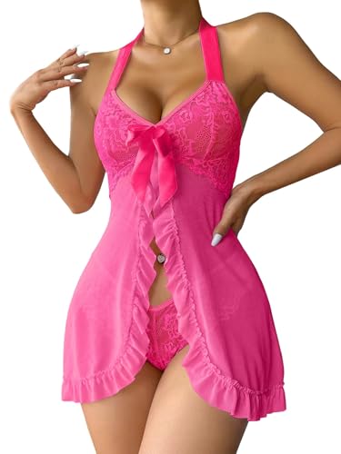 Image of Foxiny Sexy Halter Open Front Ruffle Sheer Mesh Lace Babydoll Lingerie Dress with Thong 2 Piece
