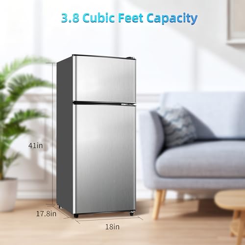 Image of 3.8 Cu. Ft Mini Fridge with Freezer, 2 Door Mini Refrigerator with 7 Adjustable Thermostat & Adjustable Glass Shelves, Compact Mini Fridge for Home, Apartment, Office, Silver