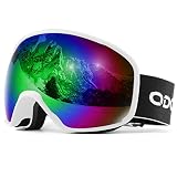 Odoland Skibrille Ski Goggles für Damen und Herren Jungen Snowboard Kinder Brillenträger OTG UV-Schutz Kompatibler Helm Snowmobile für Skifahre Weiß + Grün VLT30%