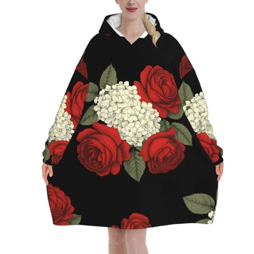 Couverture à capuche en flanelle de qualité supérieure motif roses rouges élégantes grande taille