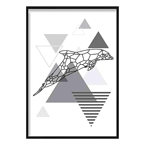 Artze Wall Art Dolphin Abstract Geometric Scandinavian Poster, 30 cm Width x 40 cm Height, Mono Grey