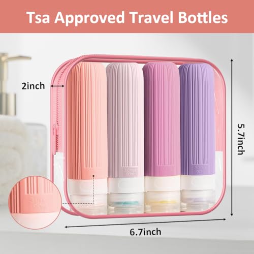 Travel Bottles for Toiletries - 3oz Portable Leak Proof Squeezable Silicone Travel Containers with Clear Toiletry Bag (4 Pack, Lavender, Deep Pink, Soft Pink)2
