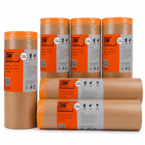 Image of Zulu Pre-Taped Masking Paper 300mm x 25m Heavy Duty Brown Masking Paper with Adhesive Tape Paint Protection for Decorating Spray Painting Automotive DIY | (6 Pack)