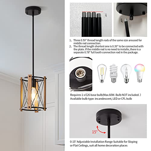 Black Pendant Light, Hanging Light Fixture with Wooden Frame, 40 Inch Height Adjustable for Kitchen Island, Dining Room, Farmhouse. (E26 Bulb Not Included) - Image 2