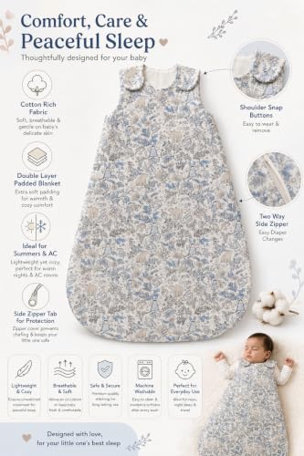 Image of TuddyBuddy Baby Cotton Wearable Quilted Sleeping Bag Blanket 1.5 Tog with 1 Way Zipper Closure | Ideal for Babies & Kids Hypoallergenic Fabrics | (Fairy in Jungle - Blue & Beige, 6-12 Months)