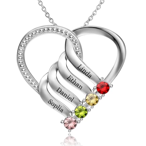 Easycosy Collier Personnalisé Prénom avec Pierres de Naissance - Cadeau Fête des Mères Maman Femme - Collier gravé 1-4 Nom Collier Pendentif Cœur Bijou...