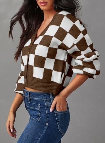 Image of Dokotoo Womens Cardigans Soft Long Sleeve Cable Knit Plaid Cropped Sweaters