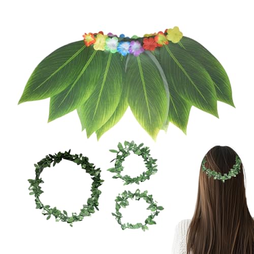Salyeeluly Faldas Hawaianas de Hierba para Mujer | Pulseras de Hierba Hawaiana,Bandas para Cabeza y Muñeca Ligeras Transpirables con Diseño de Hojas Realista para Fiesta de Vacaciones Graduación