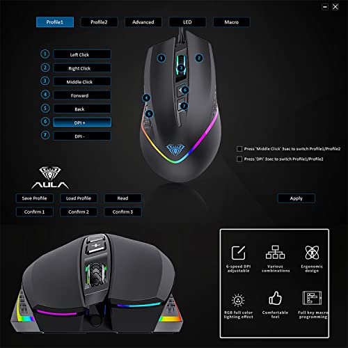 Image of AULA F805 Wired Gaming Mouse, Rainbow Backlight, DPI Range 800-1600-2400-3200-4800-6400, Polling Rate 125Hz, Compatible with WinXP /2000 /7 /8 /10 /Mac | Black