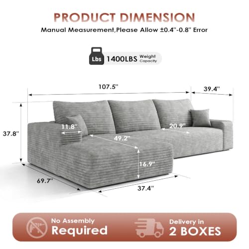 Image of Boneless Couch, Modular Sectional Couches for Living Room, U-Shaped Cloud Couch Sofa with Deep Seat, Fluffy Corduroy Upholstered Corner Sofa