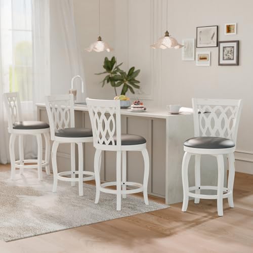 Butacos giratorios de barra MU de 24 pulgadas, juego de 4, estilo rústico, con asiento tapizado en cuero sintético y reposapiés de madera, para isla de cocina y pub, color blanco miniatura 2