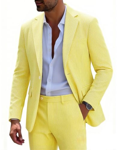 MOGU Men Seersucker Summer Suit 2 Piece Casual Slim Fit Striped Suits for Beach Proms Wedding Grooms Size M Yellow