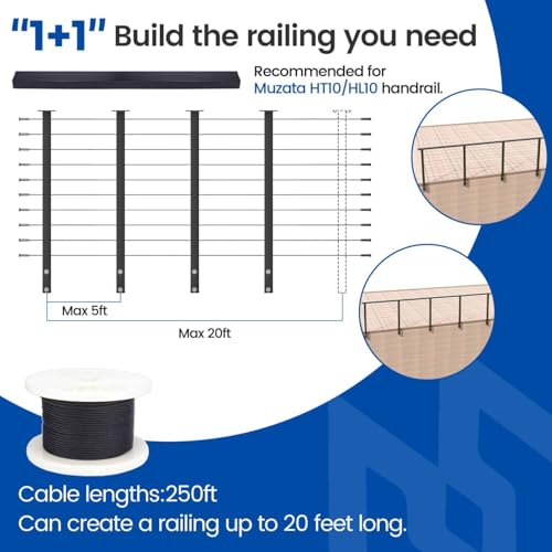 image for Muzata 15-20FT Modular Black Side Mount Cable Railing Kit 36 Inch 4 Le