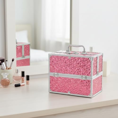 Image of Adson Professional Makeup Box Cosmetics Case Jewelry Organiser Vanity Make Up Storage Box Beauty Train Case Lockable with Keys (Diamond Glow Pink)