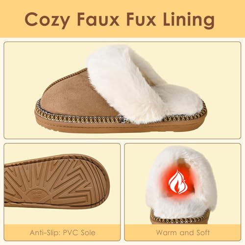 Winter Plush House Slippers for Women, Anti-Skid Cozy Warm with Faux Fur Collar Hard Sole Suede Shoes3