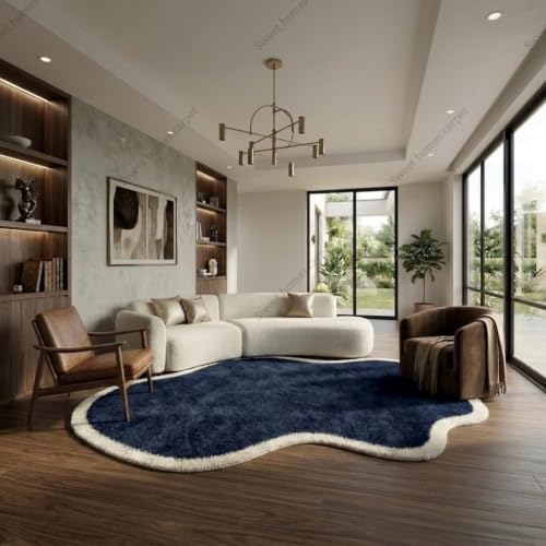 Image of SWEET HOMES Hand Made Carpet Ultra Soft Plush Irregular Shape Rug with Anti-Skid Backing. 7 x 7 Feet (213 x 213 cm), Blue /Ivory