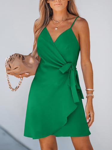 Image of CUPSHE Women Spaghetti Strap Summer Dress Surplice V Neck Wrap Waist Tie Casual Beach Sundress Holiday Vacation Mini Dress