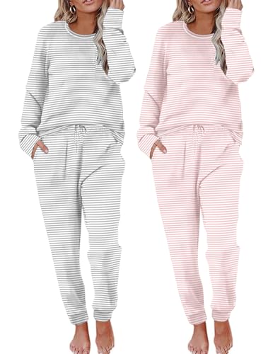 Image of Ekouaer 2 Pack Womens Pajama Sets Long Sleeve Lounge Sets Soft Pj Sleepwear Loungewear