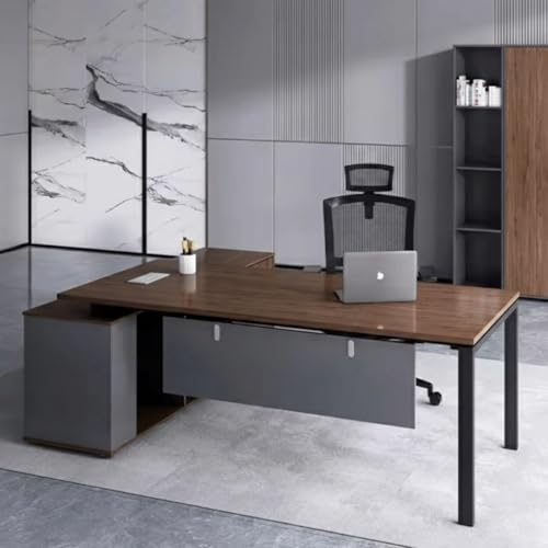 Image of TEKAVO ProNook L Shaped Executive Table with Storage, Director Office Table I Brown & Dark Grey Wood, Metal (180 Cm x 160 Cm x 75 Cm) - DIY
