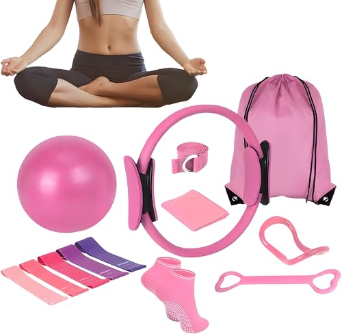 OMNIXOR Pilates Equipment 13 Piece Set, Pilates Ring (Magic Circle) with Dual Padded Handles, Mini Pilates Ball, Resistance Bands & Carry Bag, Pink Home Workout Kit for Women & Beginners