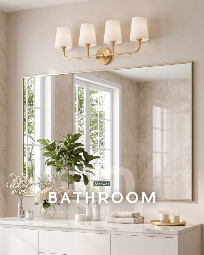 Image of 4-Light Brushed Gold Bathroom Vanity Light with White Fabric Shade | 28 Inch gold bathroom light fixture over mirror, UL listed, E26 bulbs, hardwired, upward only, VL837-BG-4K