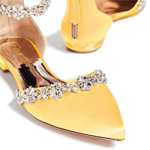 FOWT Elegant Satin Crystal Strap Back Zipper D'Orsay White Flats for Women Casual Closed Pointed Toe Shallow Dress Formal Shoes for Girls, US Size 4-16 M2