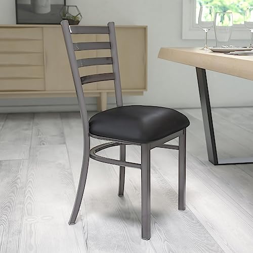 Image of Flash Furniture 2 Pack HERCULES Series Clear Coated Ladder Back Metal Restaurant Chair - Black Vinyl Seat
