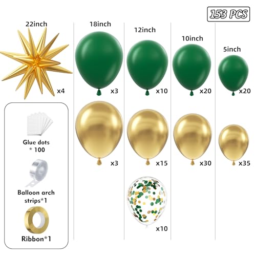 Image of 153Pcs Green and Gold Balloons Garland Arch Kit with Stars -22 18 12 10 5 inch Different Size Dark Emerald Green Gold Confetti Latex Balloons for Birthday Baby Shower Jungle Party Decorations