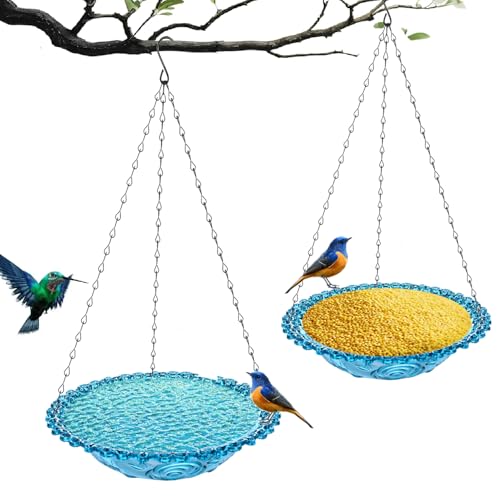 2 Pack Hanging Plastic Bird Baths and Feeders Set for Outdoors Bird Water Bowls & Seed Trays to Attract Wild Birds Garden Yard Decor Gift Blue