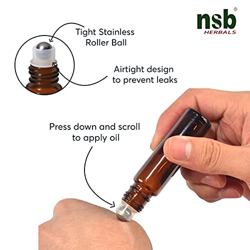 Image of nsb herbals Empty Amber Glass Roll On Bottles (10 ml) With Black Cap For Essential Oils, Perfumes, Lip Balms, Aroma | Refillable Reusable Bottle (PACK OF 3)