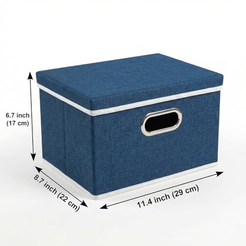 Image of PRANDOM Storage Bins with Lids [3-Pack] Linen Fabric Foldable Storage Boxes Organizer Containers Baskets Cube with Cover for Bedroom Closet Office Royal Blue（11.4X8.6X6.7