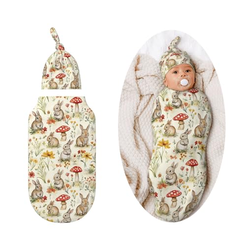 Image of Easter Bunny Mushroom Swaddle Blankets Soft Receiving Blanket Baby Swaddle Wrap for Baby Girls Boys