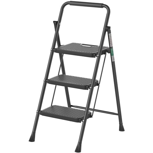 3 Step Ladder, RIKADE Folding Step Stool, Step Stool with Wide Anti-Slip Pedal, Lightweight,...
