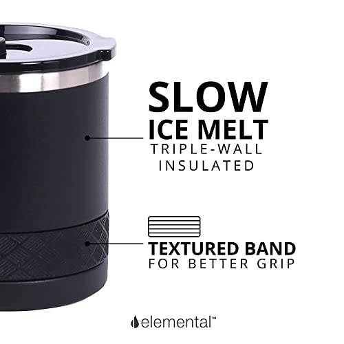 Elemental Recess Lowball Tumbler Set Of 2, 10Oz Triple Wall Stainless Steel Cup With Non-Shattered Tritan Lid, Insulated Whiskey Glass, Insulated Coffee Tumbler Mug For Hot & Cold Drinks - Black #TOP2