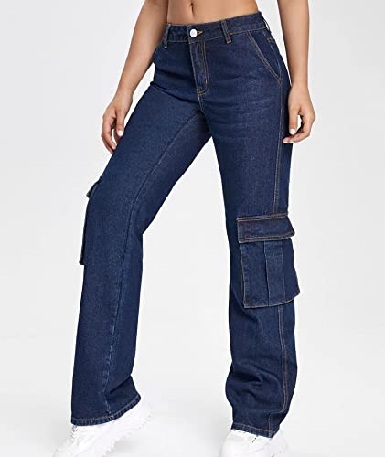 SOMTHRON Women's High Waist Straight Leg Jeans Flap Pocket Wide Leg Relaxed Fit Long Denim Pants Trousers3