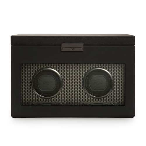 Wolf Axis Double Watch Winder with Storage Powder Coat - Secure Fit with Patented Lock-in Dynamic Cuff - Accommodates All Wrist Sizes - Vegan Leather - Includes Universal Adapter