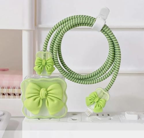 Image of INEFABLE Charger Case Cover Protector with 3D Cute Pattern for iPhone Charger only 18W & 20W, Data Charging Cable Wire Saver Protective Cable Cover Full Protection - Set Of 1 (Green Bow)