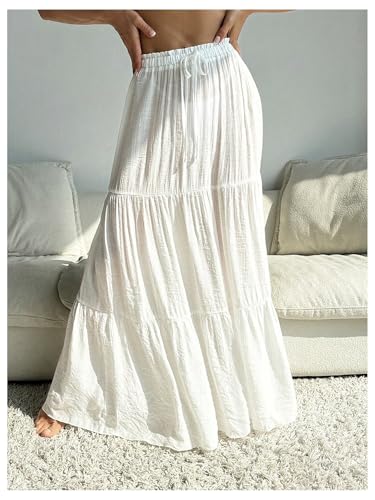 OYOANGLE Women's Beach Cover Up Skirt Drawstring Tiered Maxi Skirt Swimsuit Coverups4
