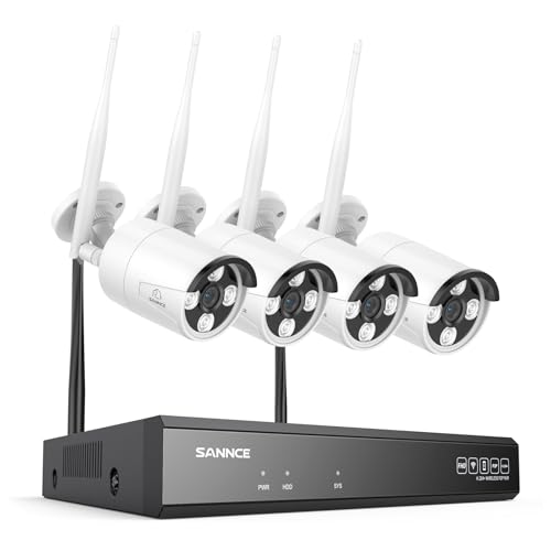 SANNCE Système de Caméras de Surveillance sans Fil 16CH CCTV, 4 Caméras 4K Extérieures pour la Maison avec Enregistreur NVR 8MP 16 Canaux, sans Disque Dur