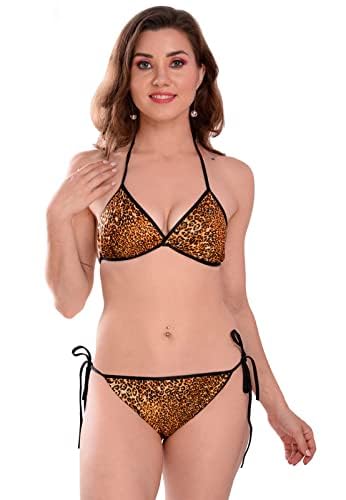 Image of Satin Animal Print Embellished Bikini Bra & Panty Lingerie Set for Women & Girls, Fits Well for Plus Size.