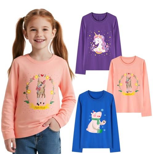 HILEELANG Young Girl Long Sleeve Shirts Cotton Casual Graphic Fashion T-Shirts 3 Packs