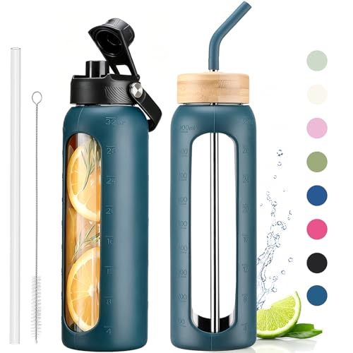 Image of 32 oz Glass Water Bottle with Straw - 2 Lids (Bamboo & Spout Lid), 1L Motivational Borosilicate Glass Daily Water Intake Bottle with Time Marker, Silicone Sleeve for Home Office-Navy Blue