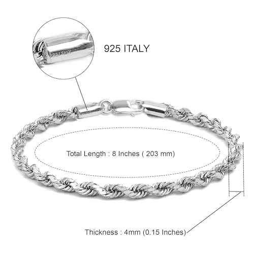LeCalla 925 Sterling Silver BIS Hallmarked 4 MM Italian Diamond-Cut Rope Chain Bracelet for Men Women and Girls (6.5, 7, 7.5, 8, 8.5 Inches) - Image 5